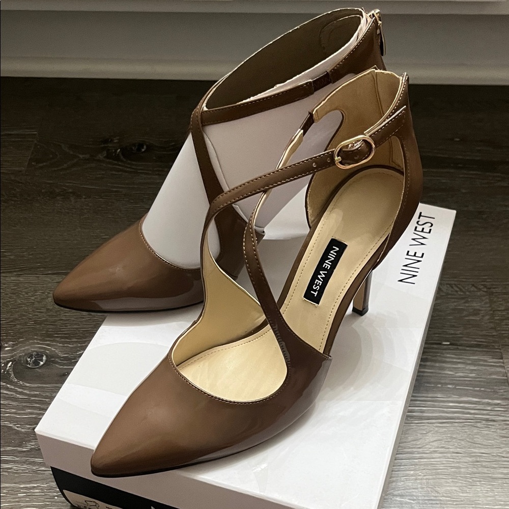Nine West Brown Patent Pointed-Toe Strappy Heels - Picture 1 of 6